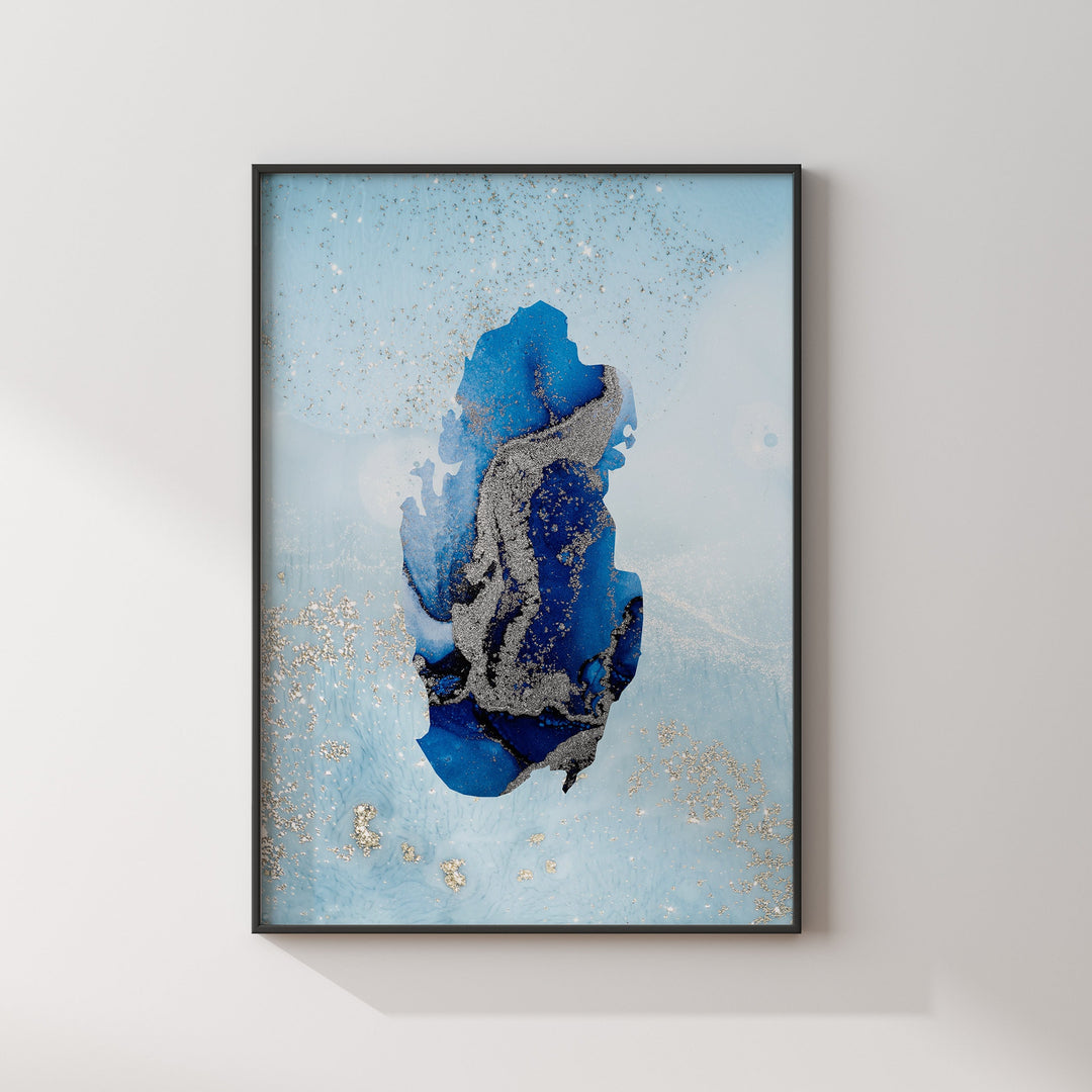 Qatar Map Shades of Blue & Silver Wall Art Print