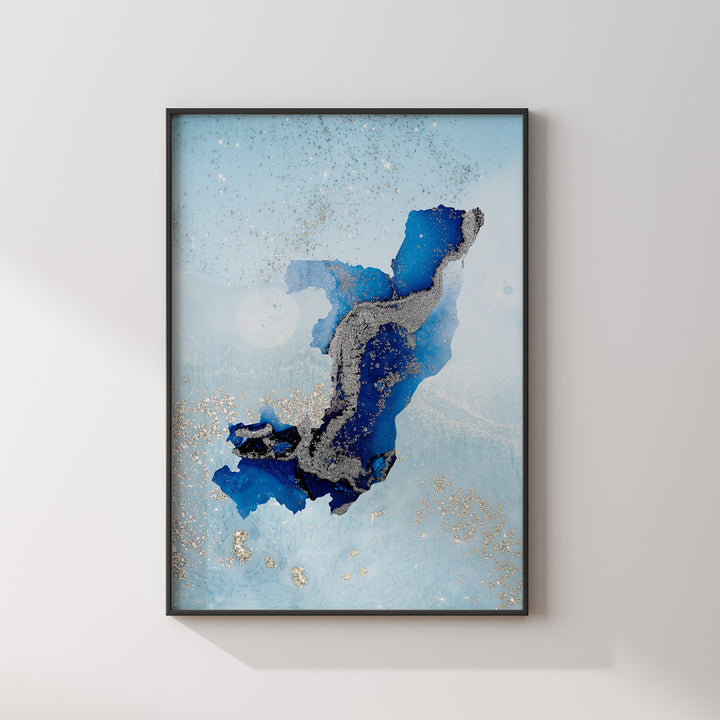 Republic of the Congo Map Shades of Blue & Silver Wall Art Print