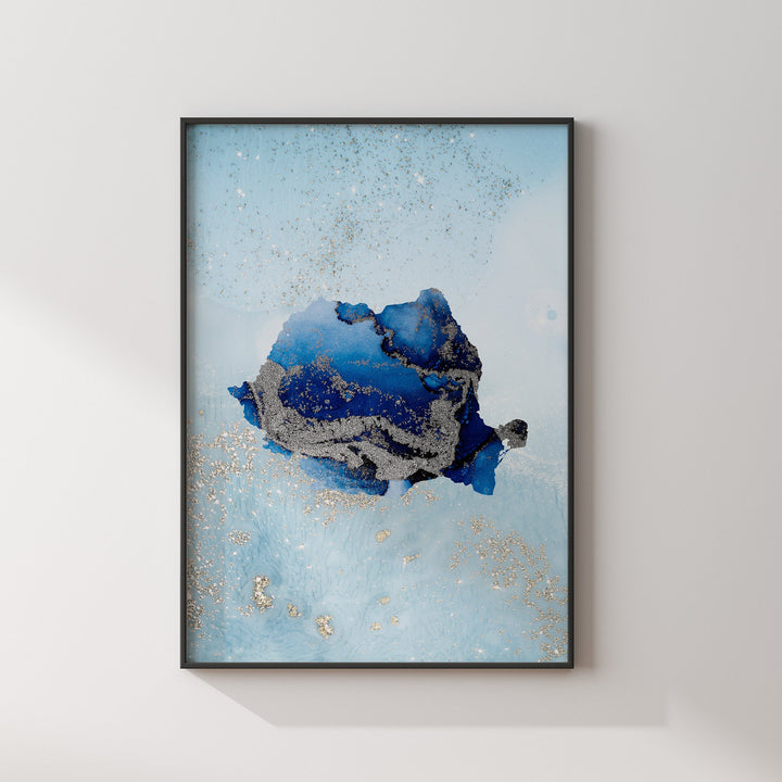 Romania Map Shades of Blue & Silver Wall Art Print
