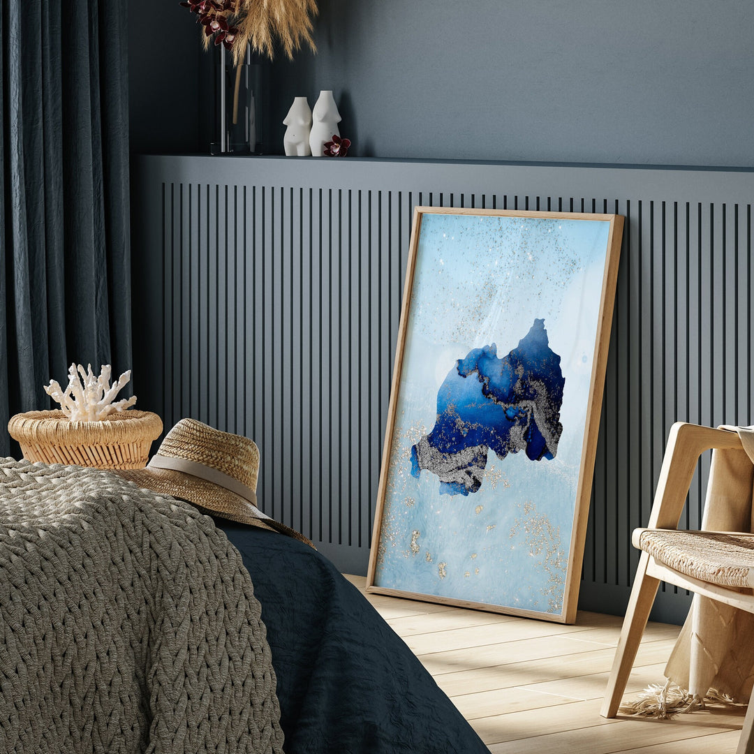 Rwanda Map Shades of Blue & Silver Wall Art Print