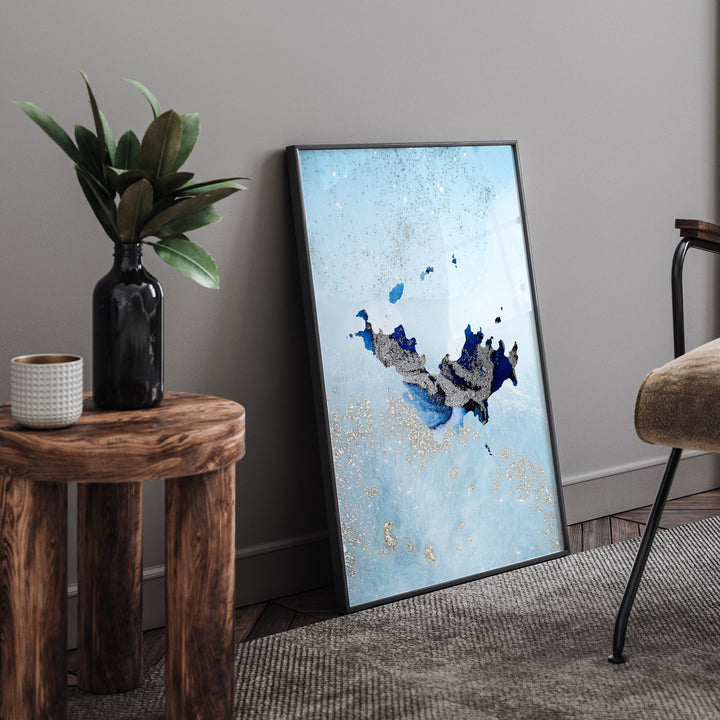 Saint Barthelemy Map Shades of Blue & Silver Wall Art Print