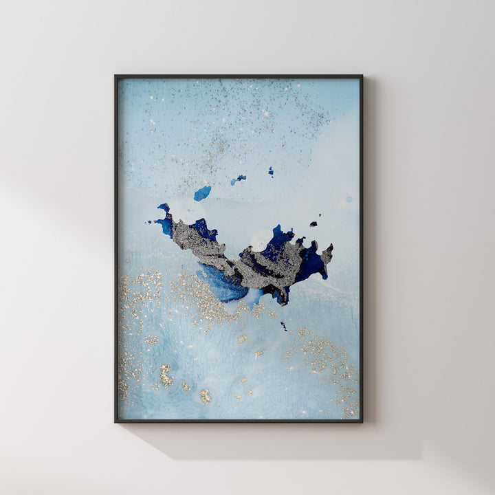 Saint Barthelemy Map Shades of Blue & Silver Wall Art Print