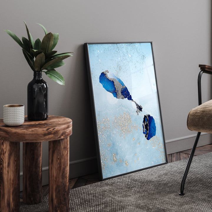 Saint Kitts and Nevis Map Shades of Blue & Silver Wall Art Print