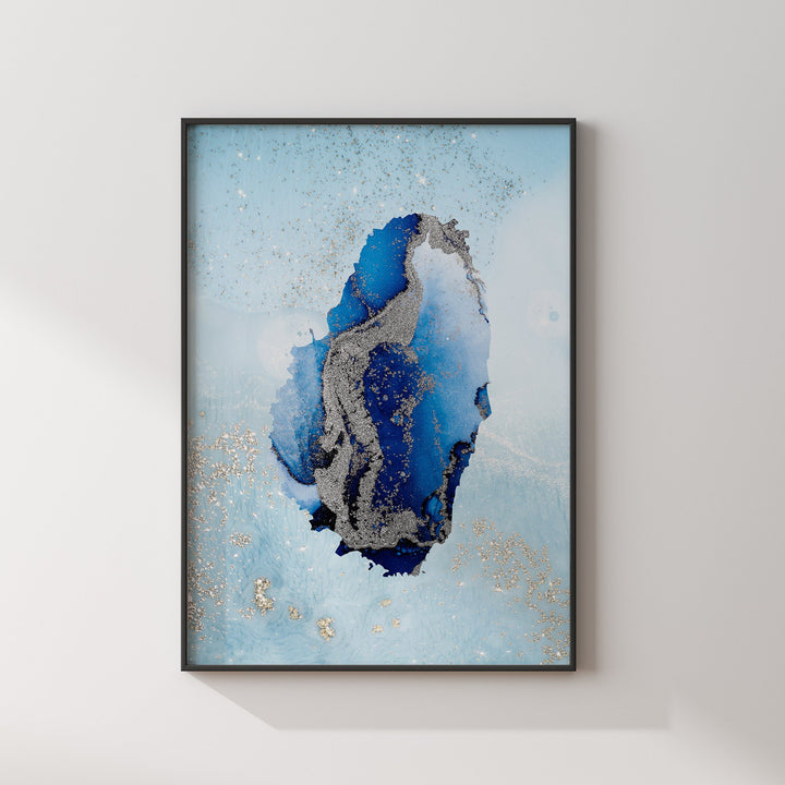 Saint Vincent Map Shades of Blue & Silver Wall Art Print