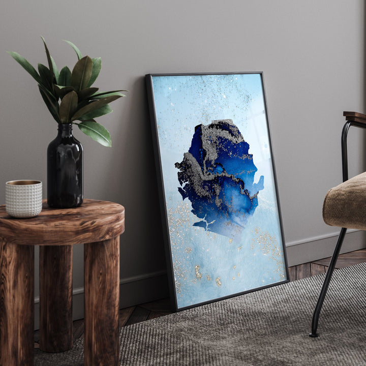 Sierra Leone Map Shades of Blue & Silver Wall Art Print