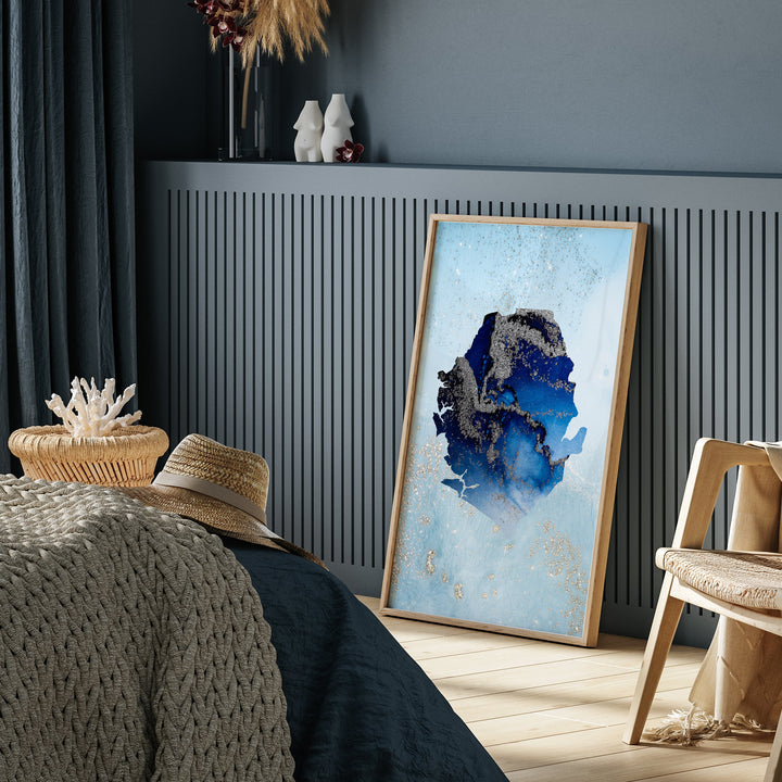 Sierra Leone Map Shades of Blue & Silver Wall Art Print