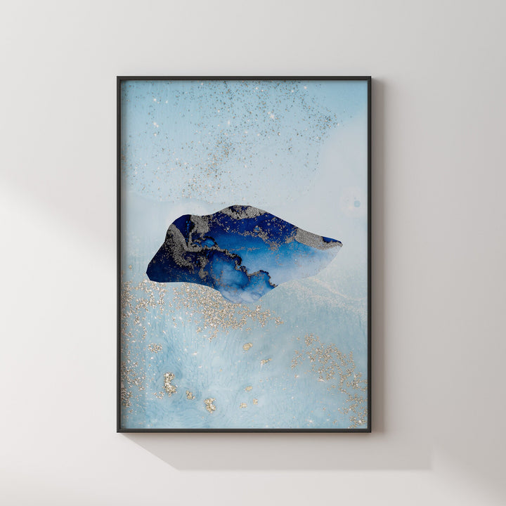 Singapore Map Shades of Blue & Silver Wall Art Print