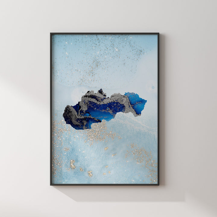 Slovakia Map Shades of Blue & Silver Wall Art Print