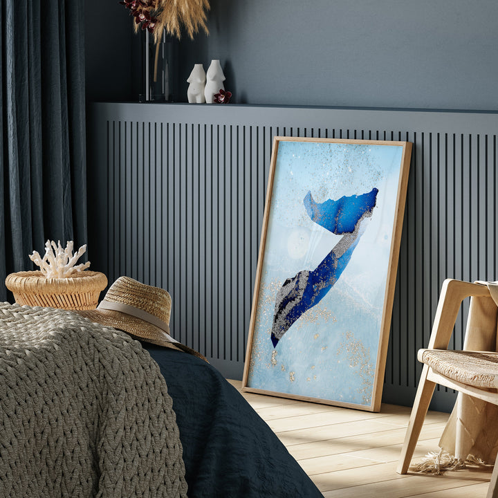 Somalia Map Shades of Blue & Silver Wall Art Print