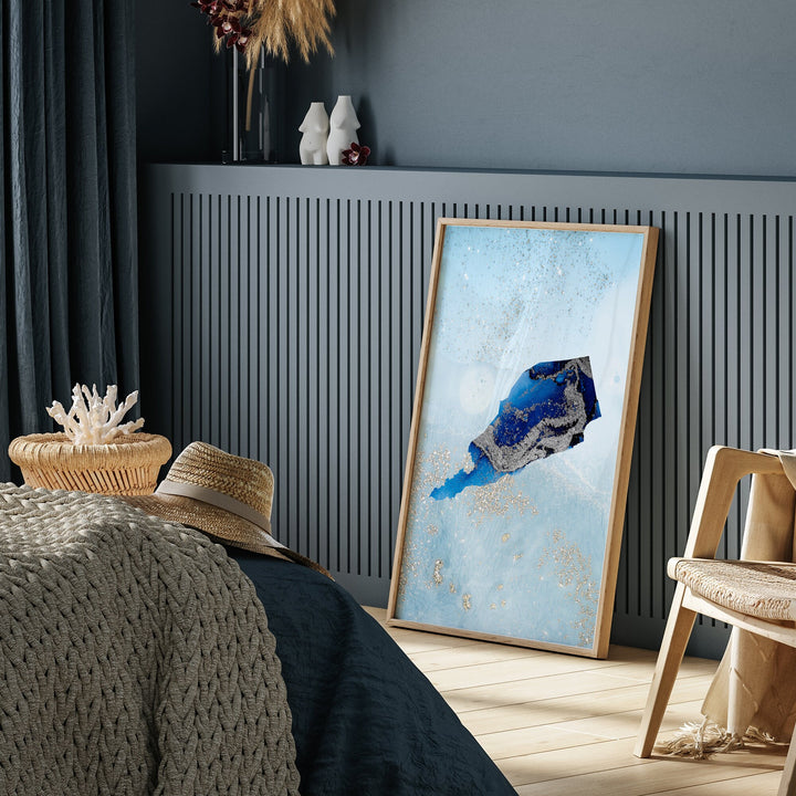 South Yemen Map Shades of Blue & Silver Wall Art Print