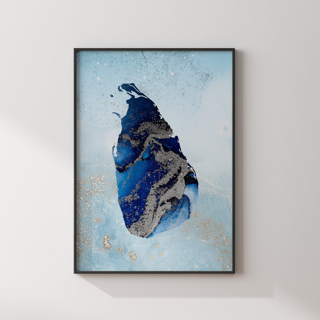 Sri Lanka Map Shades of Blue & Silver Wall Art Print