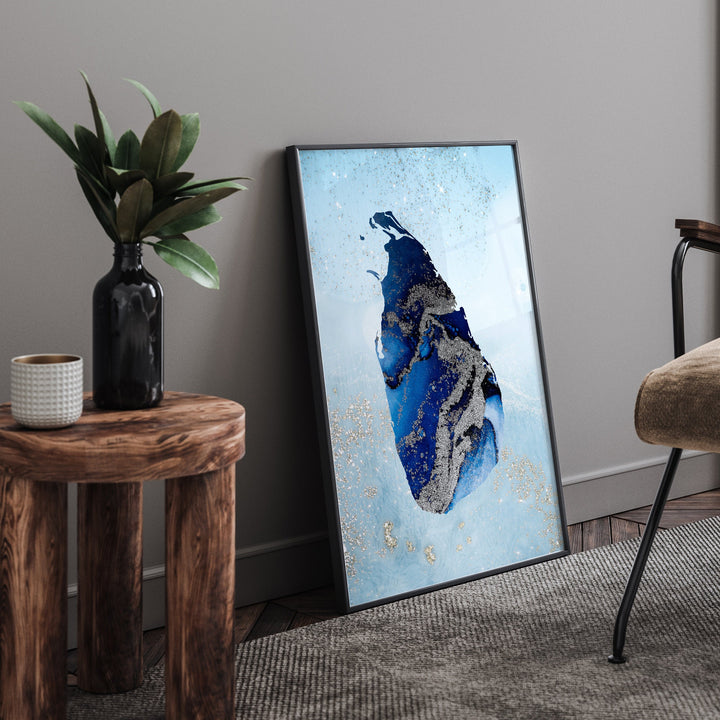 Sri Lanka Map Shades of Blue & Silver Wall Art Print