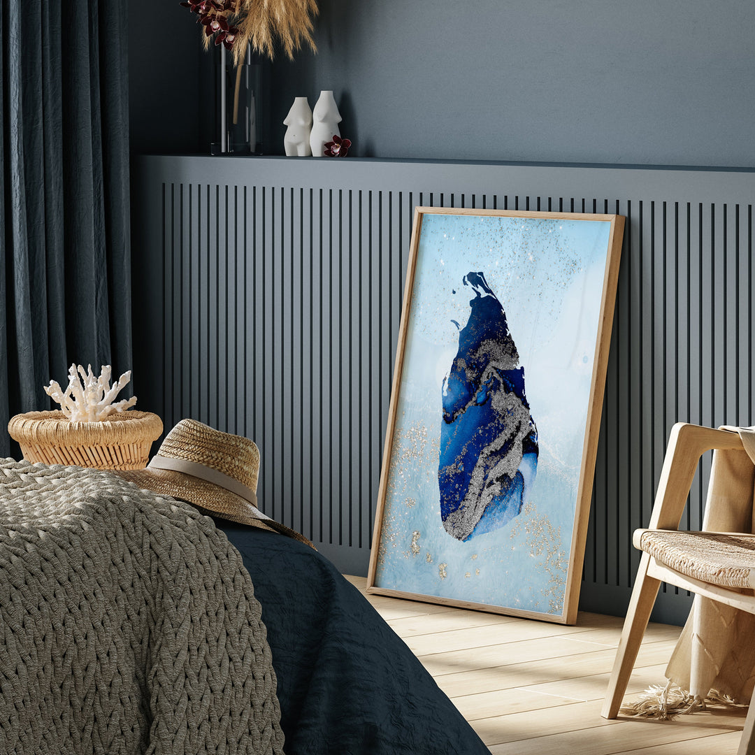 Sri Lanka Map Shades of Blue & Silver Wall Art Print