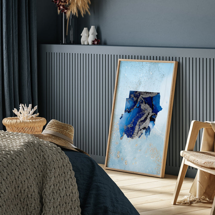 Sudan Map Shades of Blue & Silver Wall Art Print