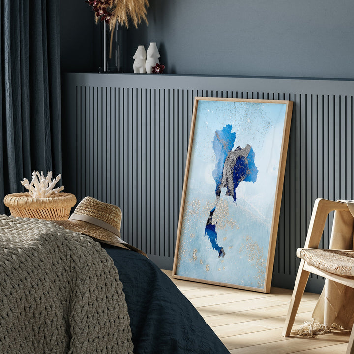 Thailand Map Shades of Blue & Silver Wall Art Print