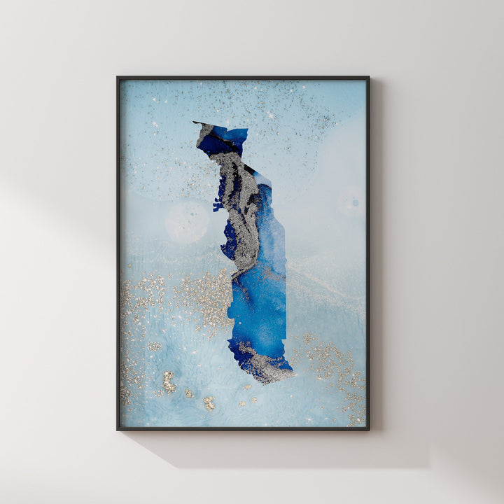 Togo Map Shades of Blue & Silver Wall Art Print