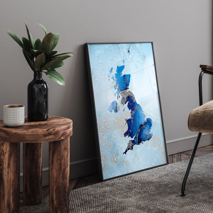 United Kingdom Map Shades of Blue & Silver Wall Art Print