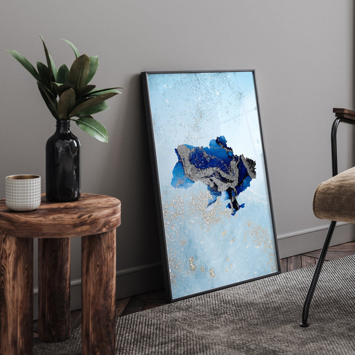 Ukraine Map Shades of Blue & Silver Wall Art Print