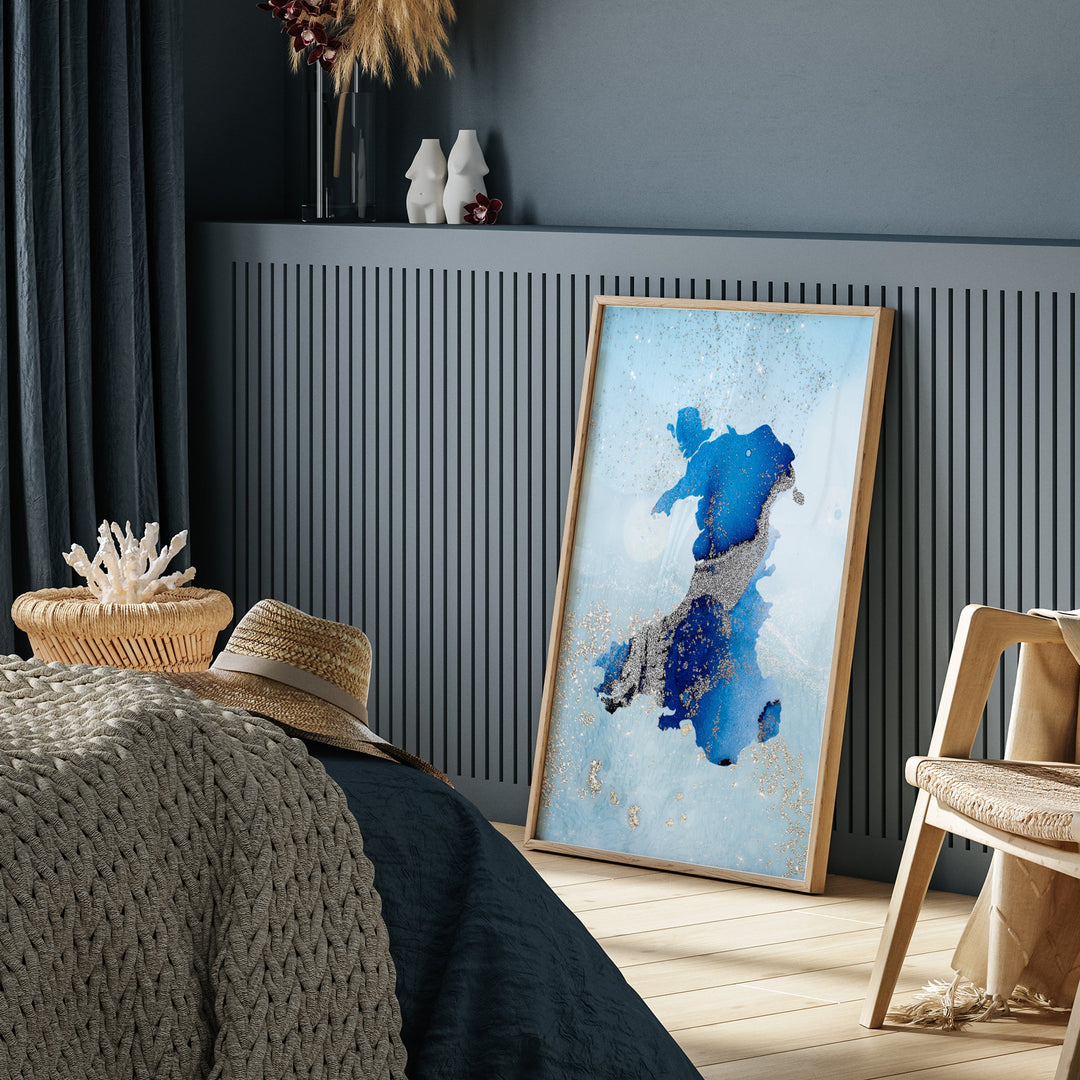 Wales Map Shades of Blue & Silver Wall Art Print