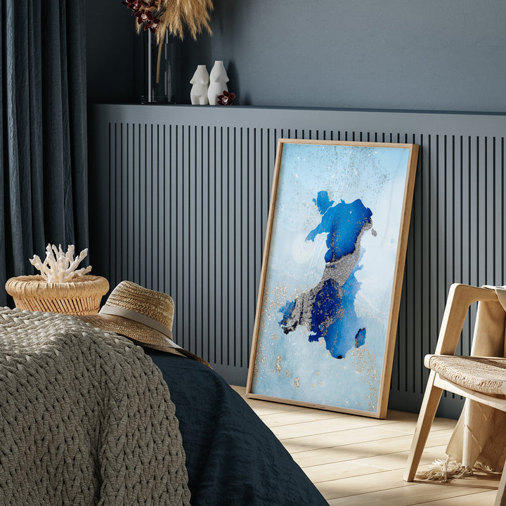 Wales Map Shades of Blue & Silver Wall Art Print