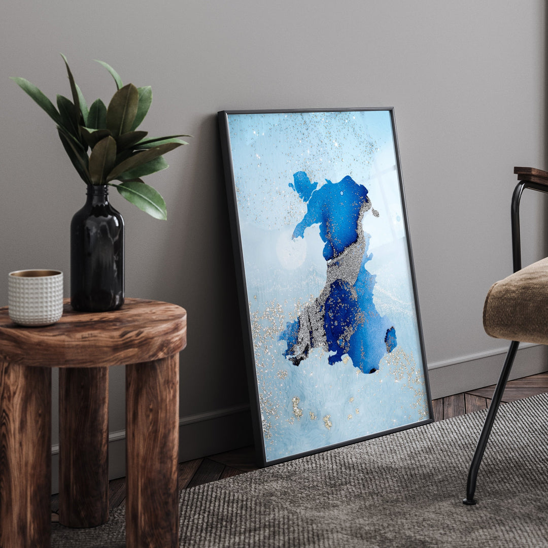 Wales Map Shades of Blue & Silver Wall Art Print