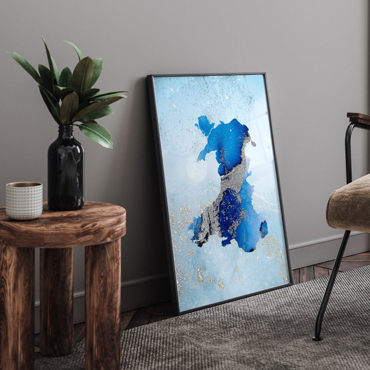 Wales Map Shades of Blue & Silver Wall Art Print