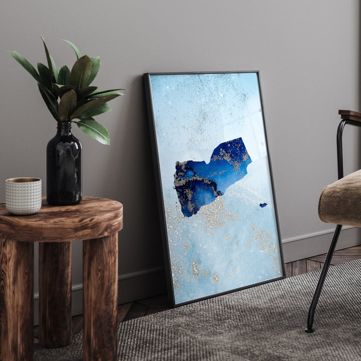Yemen Map Shades of Blue & Silver Wall Art Print