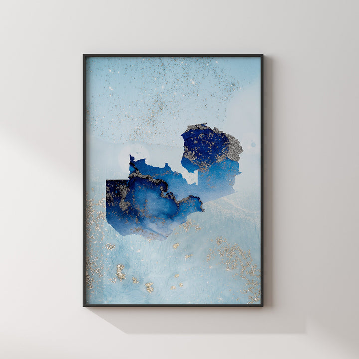 Zambia Map Shades of Blue & Silver Wall Art Print