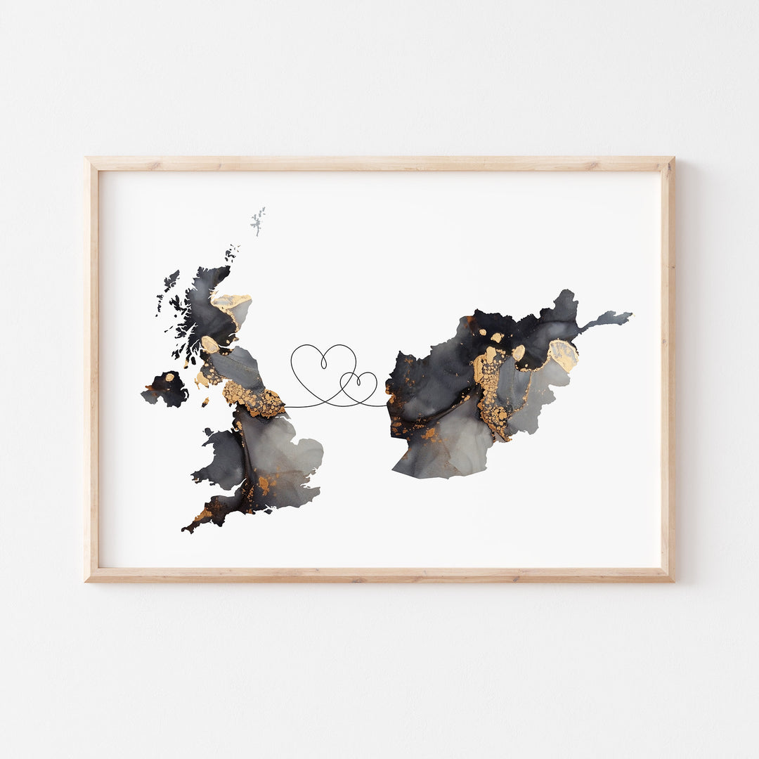 Britain and Afghanistan Map Black & Gold Travel Wall Art Print | United Kingdom | UK