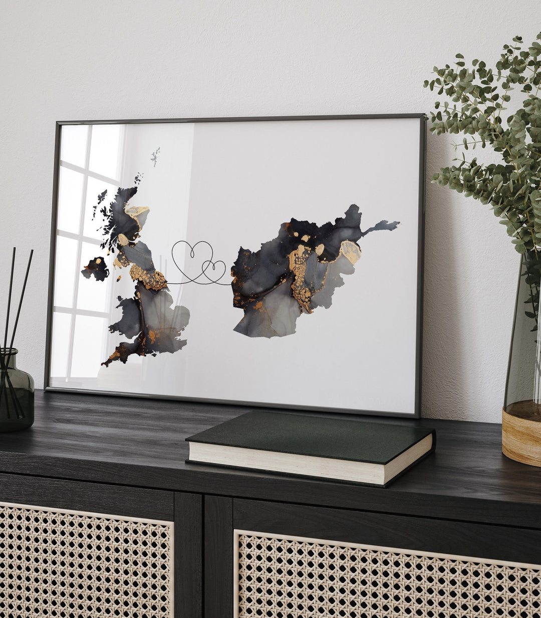 Britain and Afghanistan Map Black & Gold Travel Wall Art Print | United Kingdom | UK