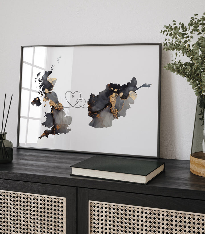 Britain and Afghanistan Map Black & Gold Travel Wall Art Print | United Kingdom | UK