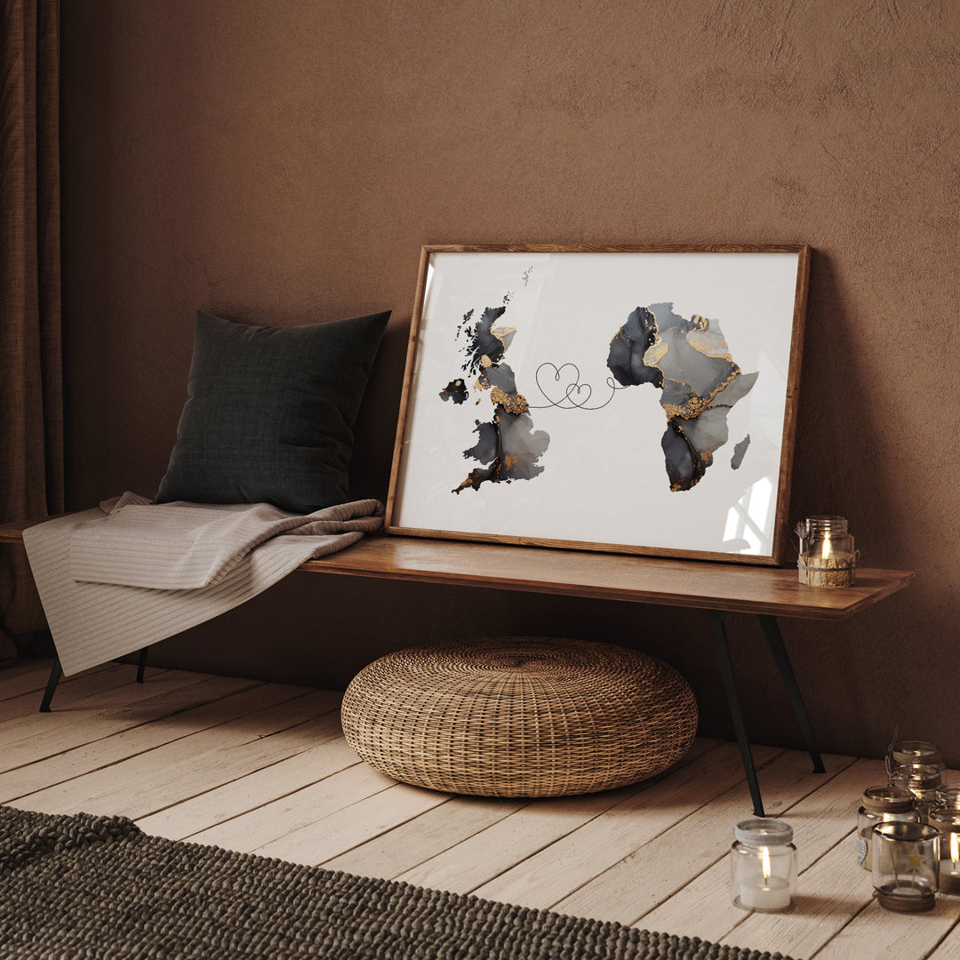 Britain and Africa Map Black & Gold Travel Wall Art Print | United Kingdom | UK
