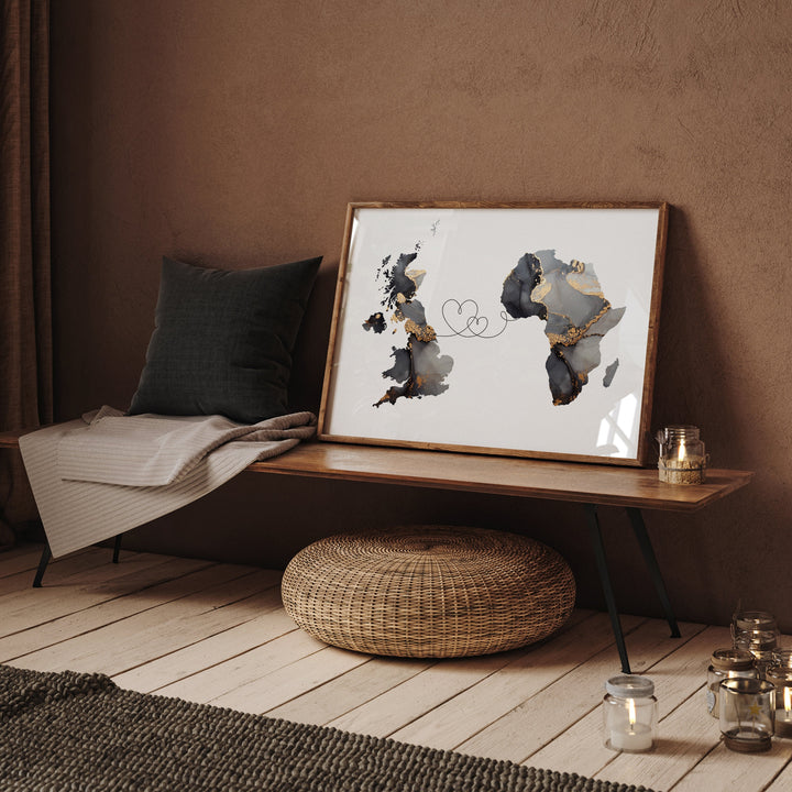Britain and Africa Map Black & Gold Travel Wall Art Print | United Kingdom | UK