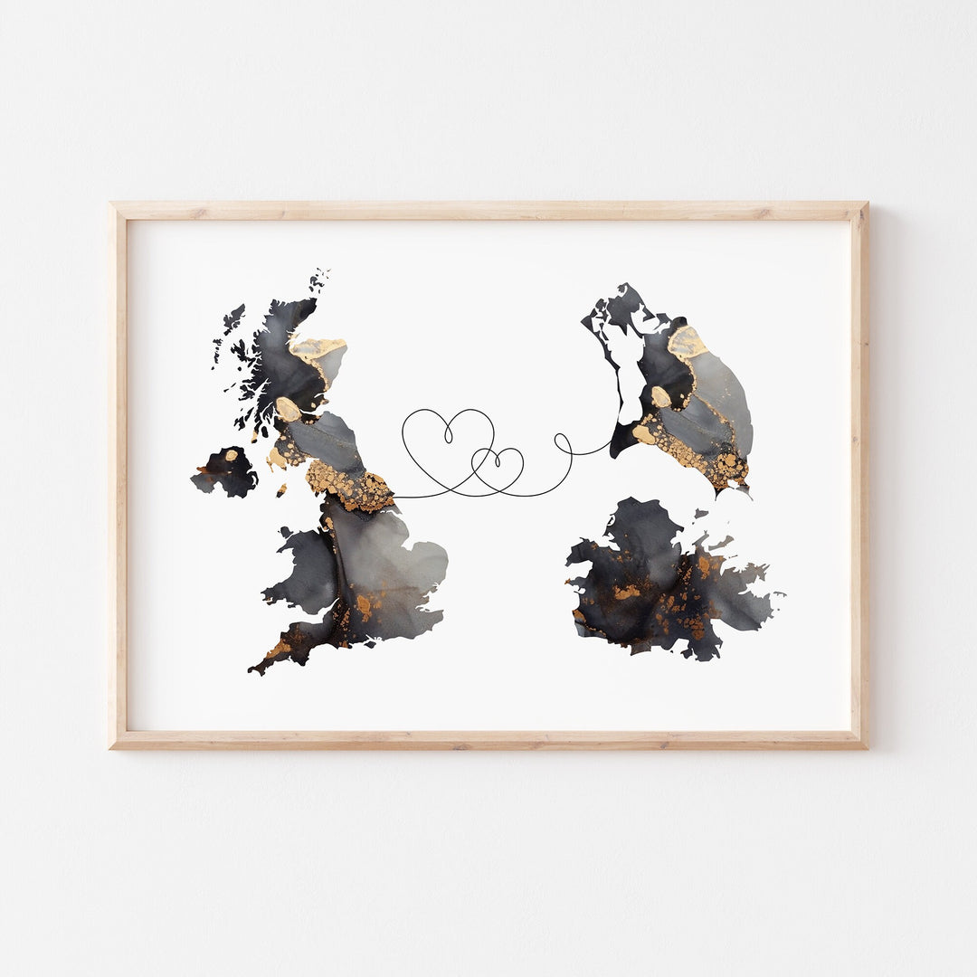 Britain and Antigua and Barbuda Map Black & Gold Travel Wall Art Print | United Kingdom | UK