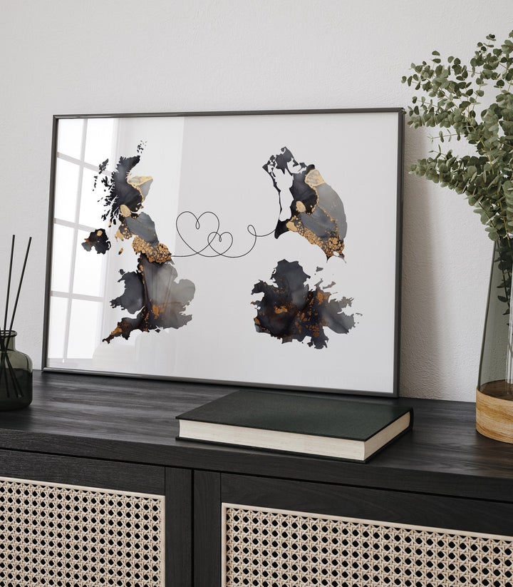 Britain and Antigua and Barbuda Map Black & Gold Travel Wall Art Print | United Kingdom | UK