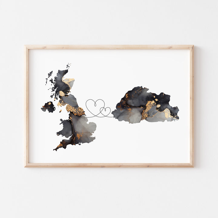 Britain and Bhutan Map Black & Gold Travel Wall Art Print | United Kingdom | UK