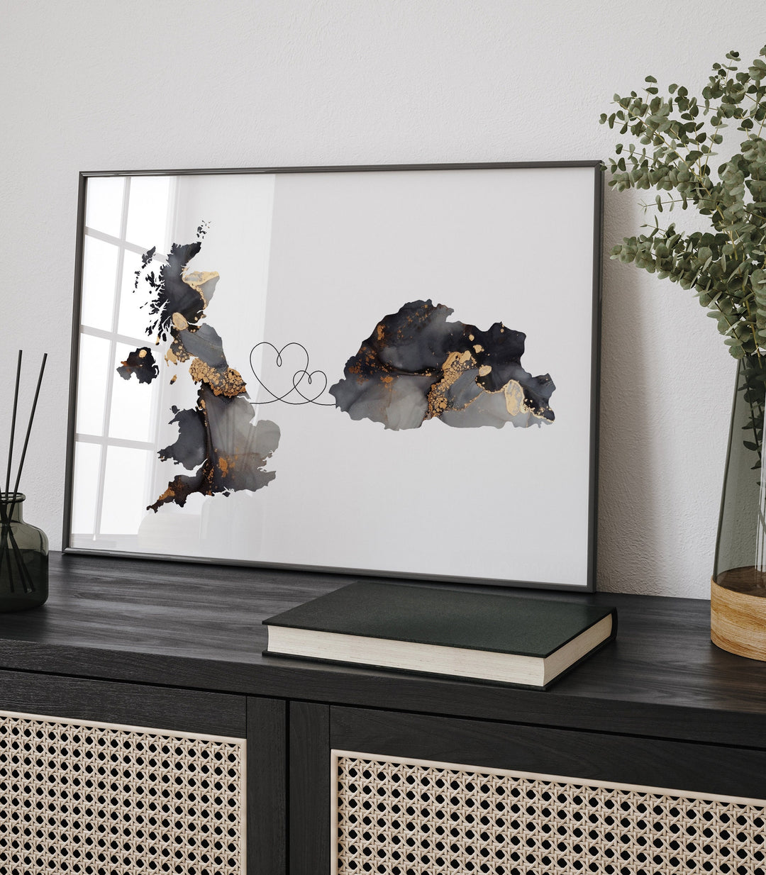 Britain and Bhutan Map Black & Gold Travel Wall Art Print | United Kingdom | UK