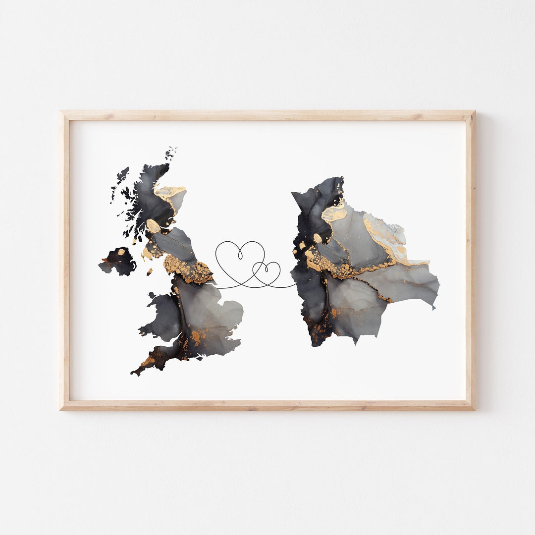 Britain and Bolivia Map Black & Gold Travel Wall Art Print | United Kingdom | UK