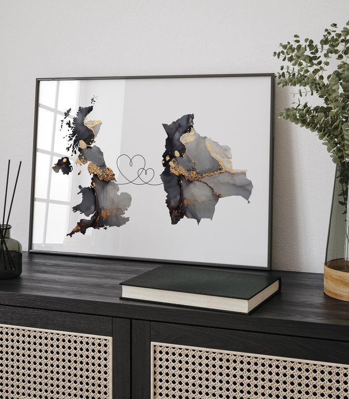 Britain and Bolivia Map Black & Gold Travel Wall Art Print | United Kingdom | UK