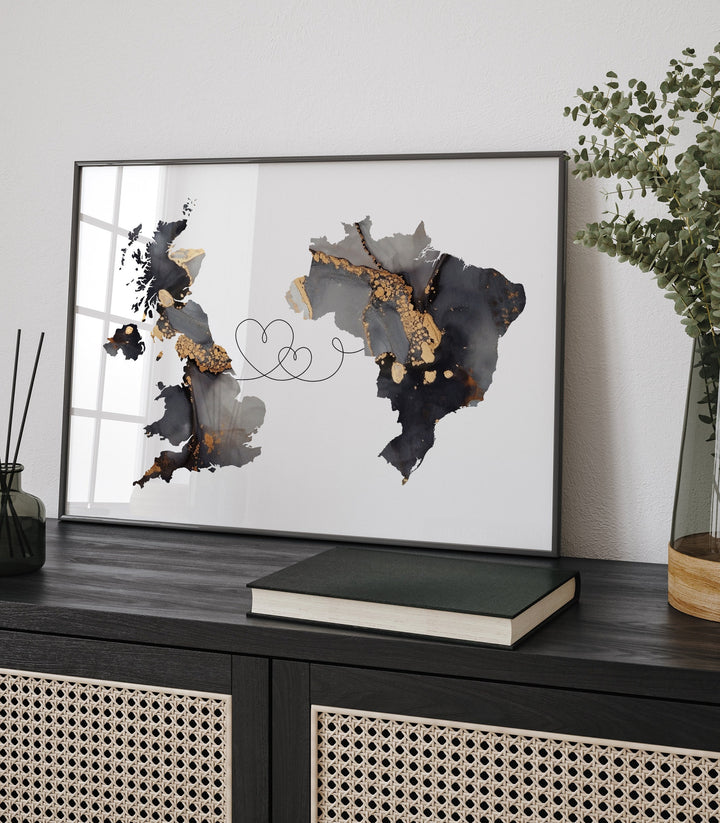 Britain and Brazil Map Black & Gold Travel Wall Art Print | United Kingdom | UK