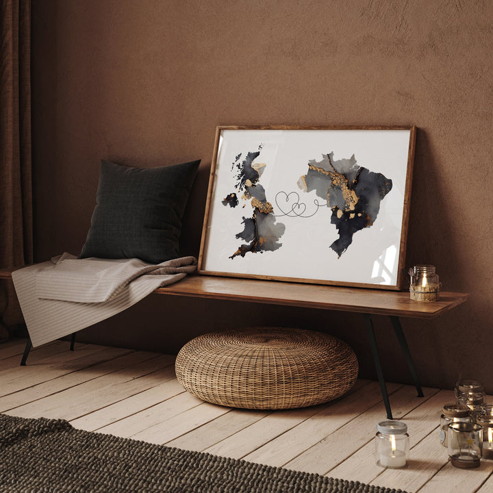 Britain and Brazil Map Black & Gold Travel Wall Art Print | United Kingdom | UK