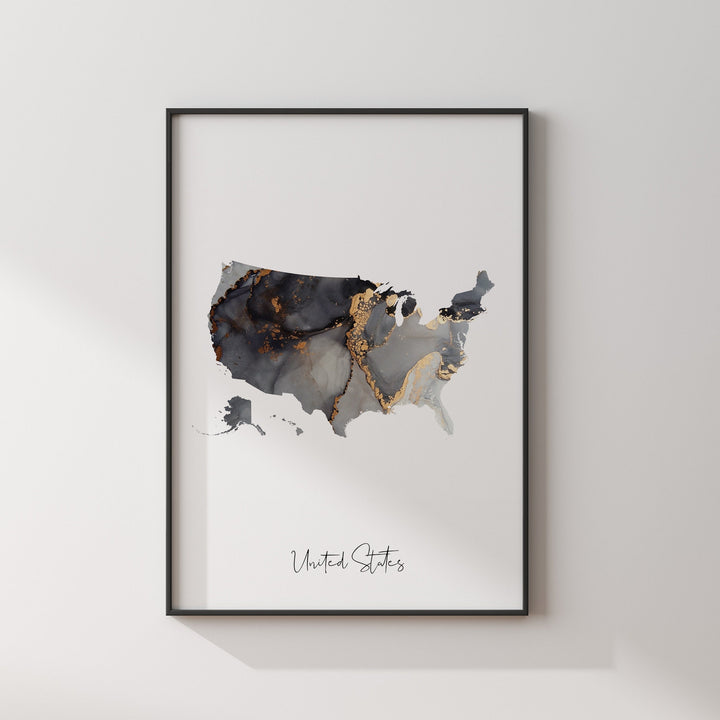 United States Map Black & Gold Wall Art Print [EV] USA | United States of America