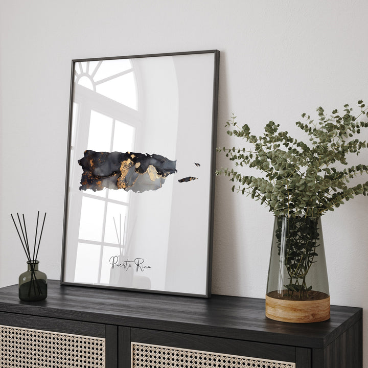 Puerto Rico Map Black & Gold Wall Art Print [EV]