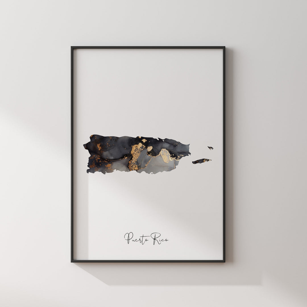 Puerto Rico Map Black & Gold Wall Art Print [EV]
