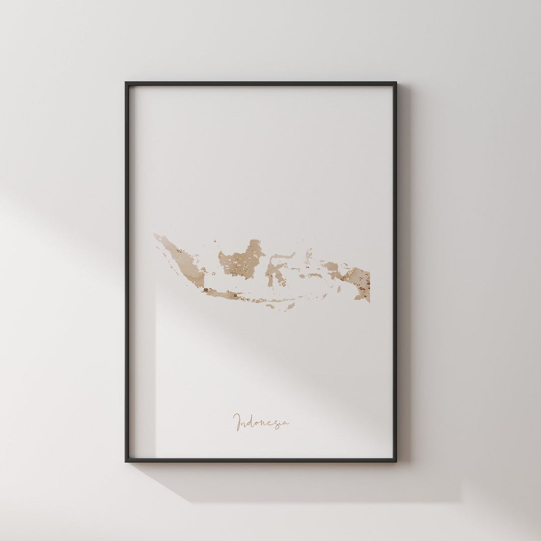 Indonesia Map Beige & Gold Wall Art Print
