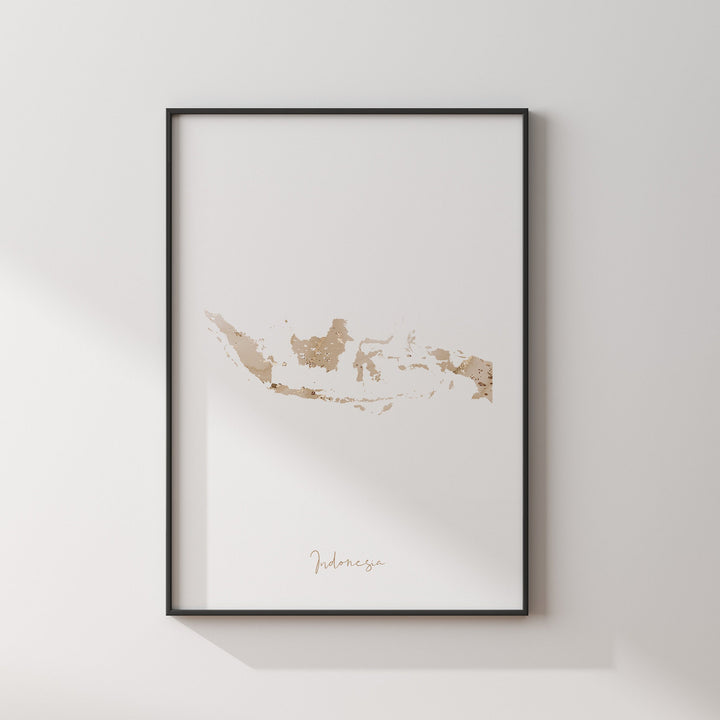 Indonesia Map Beige & Gold Wall Art Print
