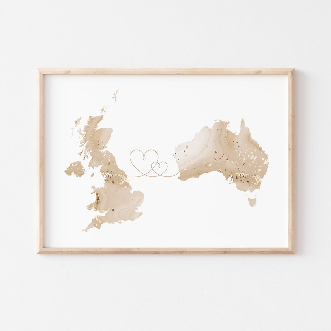 Britain and Australia Map Beige & Gold Travel Wall Art Print | United Kingdom | UK