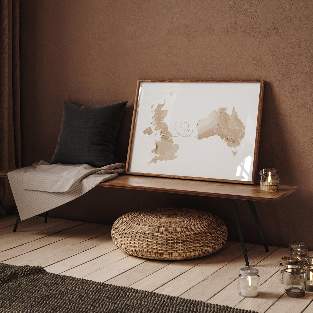Britain and Australia Map Beige & Gold Travel Wall Art Print | United Kingdom | UK