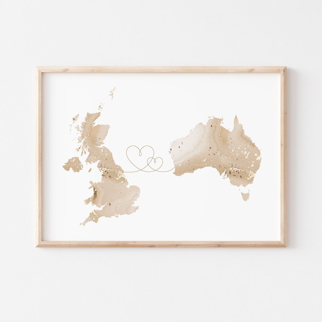 Custom Any Two Countries Map Blue & Gold Travel Wall Art Print (Not Possible to Deliver For Christmas)