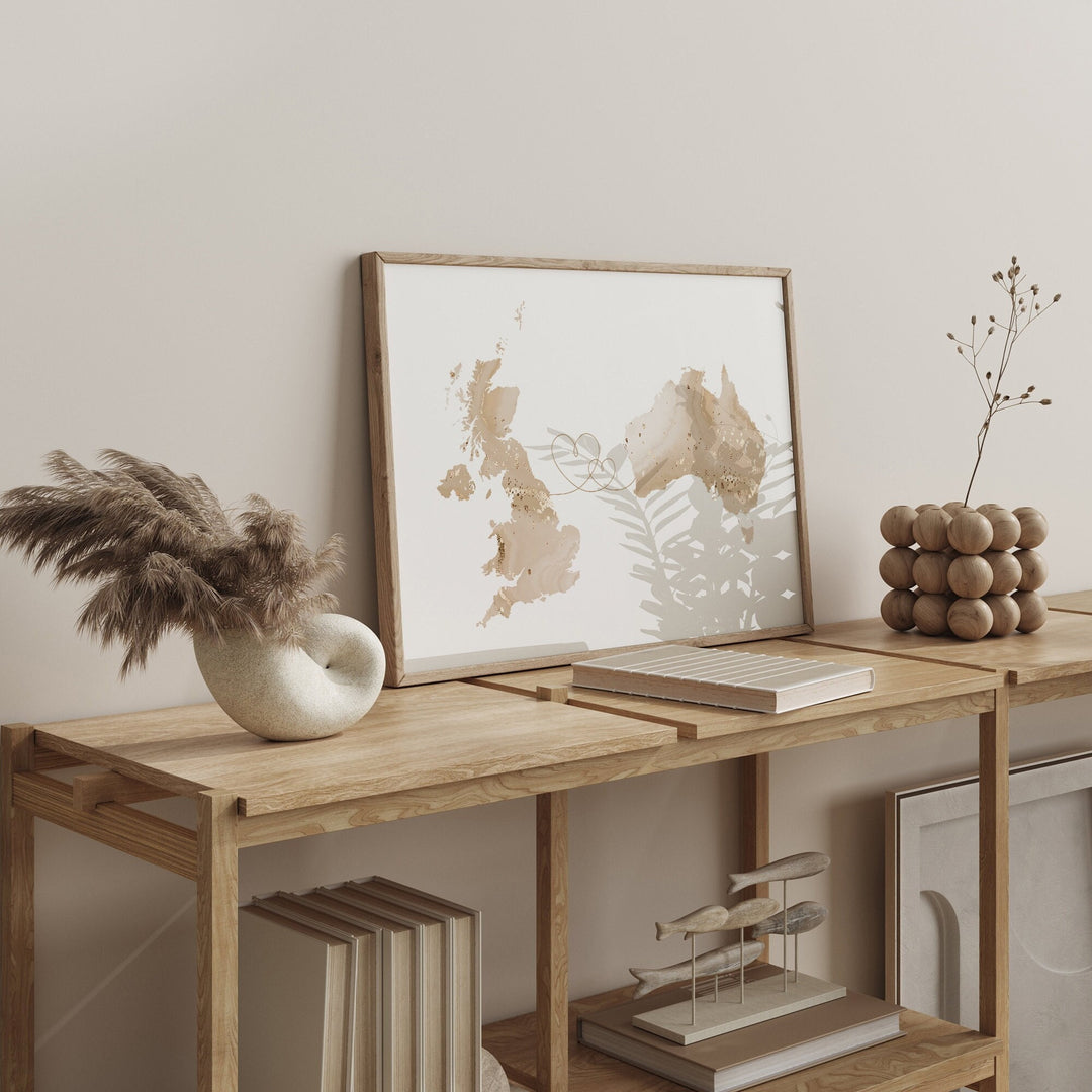 Britain and Australia Map Beige & Gold Travel Wall Art Print | United Kingdom | UK